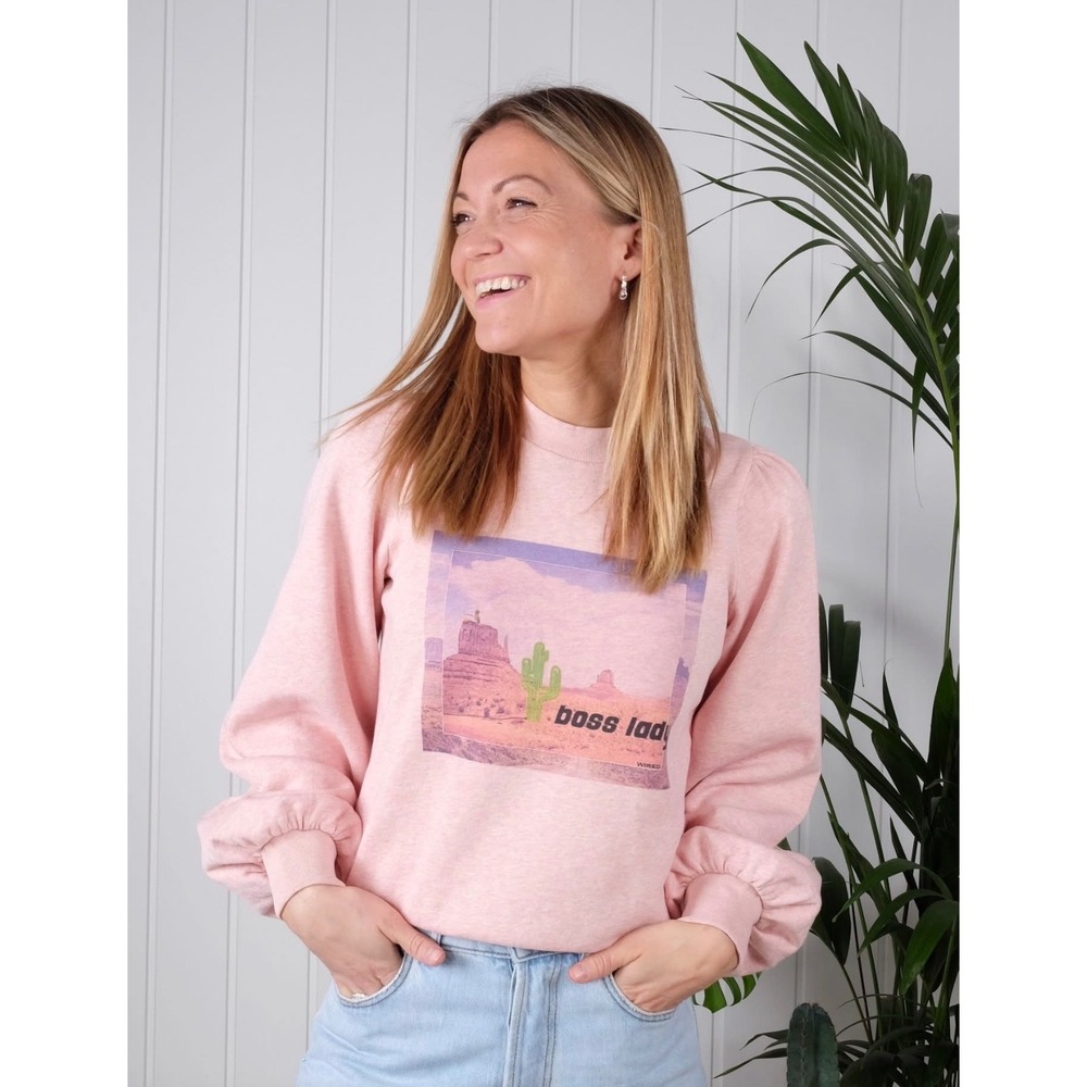 J6 Ganni Trenton Isoli Boss Lady Graphic Pink Puff Sleeve Sweatshirt Womens M